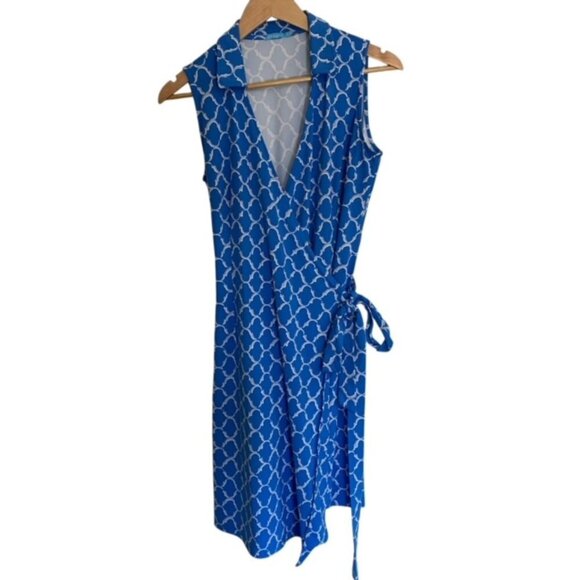 J. McLaughlin Blue & White Sleeveless Wrap Dress Small - Picture 2 of 5